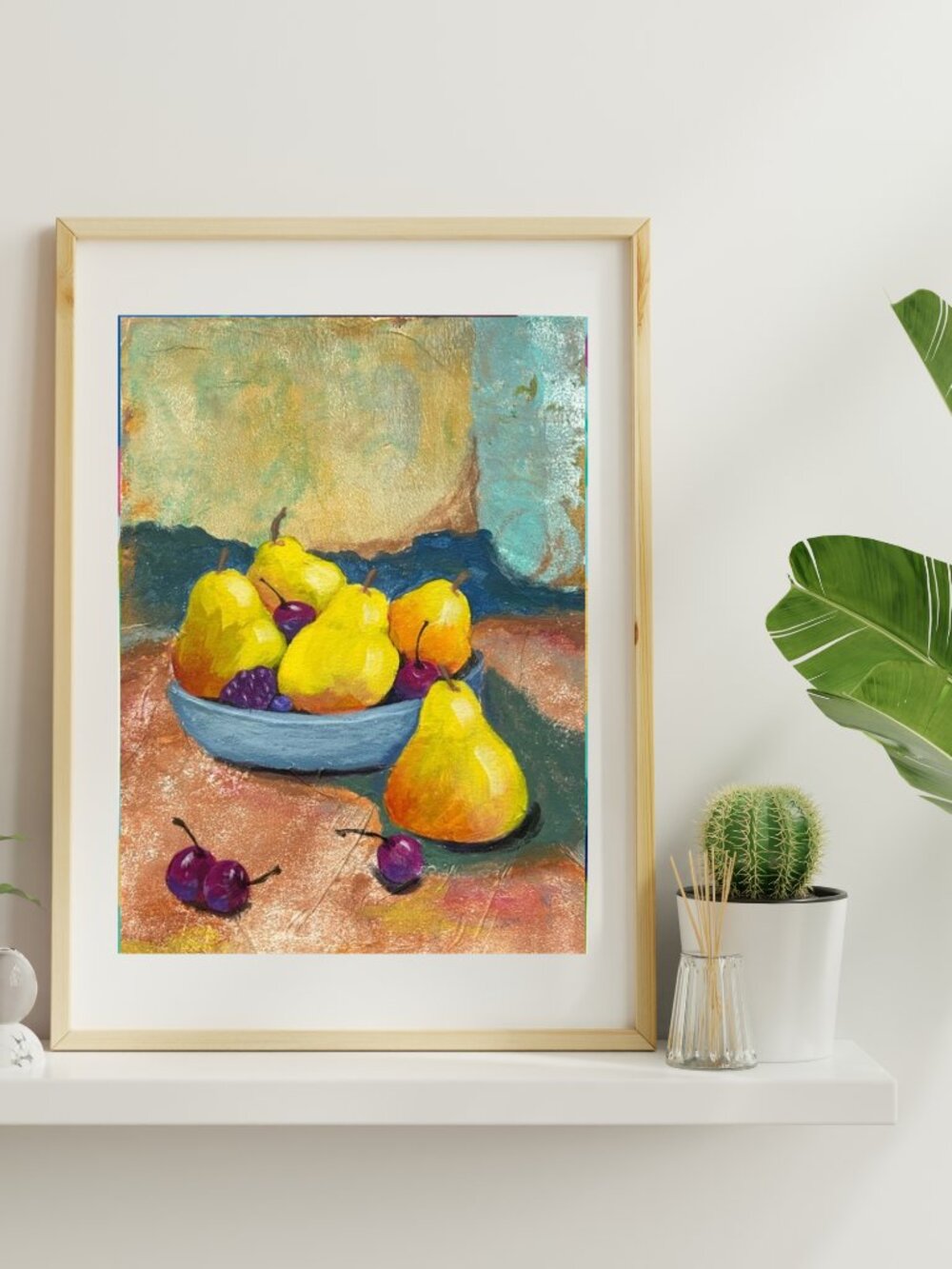 Still Life Pears Wall Art  Yellow Pear Original Mixed Media Painting
